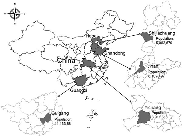 Location and population of 4 prefectures in China in which active population and sentinel laboratory–based surveillance for bacterial meningitis pathogens was conducted through the Acute Meningitis and Encephalitis Syndrome Surveillance System during September 2006�?"December 2009. The province in which each prefecture is located is indicated on the main map.