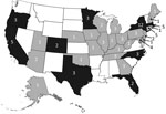 Thumbnail of Distribution of single-state single and multistate outbreaks of listeriosis, 1998–2008, Foodborne Disease Outbreak Surveillance System, United States, 1998–2008 (n = 24 outbreaks). Dark gray indicates single-state and multistate outbreaks, and light gray indicates multistate outbreaks. Values indicate total outbreaks in each state. The grand total of outbreaks indicated in each state is greater than 24 because of multistate outbreaks.