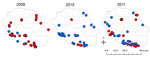 Thumbnail of Location of farms tested for antibodies against influenza A(H1N1)pdm09 virus in serologic surveys, Réunion Island, 2009–2011. Blue dots, seronegative farms; red dots, seropositive farms.