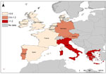 Thumbnail of Risk for travel-associated Legionnaires’ disease in residents of Denmark, France, the Netherlands, and the United Kingdom who traveled to countries in Europe. Risk is displayed in countries where travelers spent at least 5 million nights in commercial accommodations during 2009, European Union/European Economic Area (in cases per million nights).