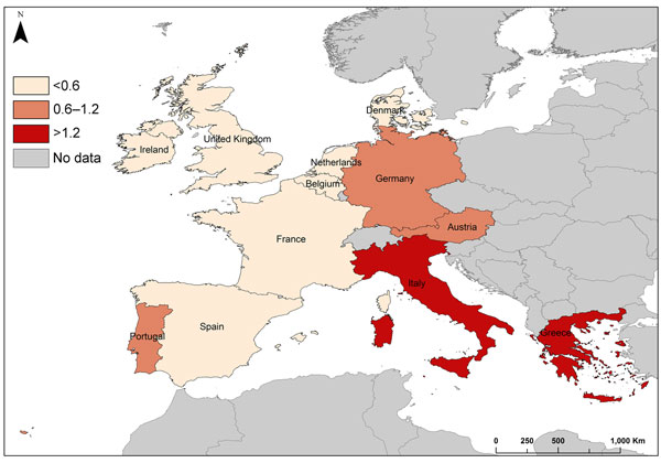 Risk for travel-associated Legionnaires’ disease in residents of Denmark, France, the Netherlands, and the United Kingdom who traveled to countries in Europe. Risk is displayed in countries where travelers spent at least 5 million nights in commercial accommodations during 2009, European Union/European Economic Area (in cases per million nights).