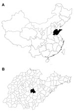 Thumbnail of A) Shandong Province, China (black area) where severe fever with thrombocytopenia syndrome was studied, 2011. B) Yiyuan County (black area) in Shandong Province.