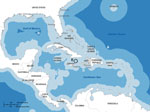Thumbnail of Zones in the Caribbean region where distance from shore and water depth meet International Maritime Organization guidelines for ballast exchange. To exchange ballast &gt;200 nautical miles from shore in water 200 m deep, ships must travel 280 nautical miles northeast of Haiti (A) or to the Gulf of Mexico (B). To exchange ballast at the minimum 50 nautical miles from shore in water &gt;200 m deep, ships must travel &gt;90 nautical miles northeast (C) or 50 nautical miles south (D) of