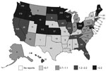 Thumbnail of Total number and rate of reported foodborne norovirus outbreaks per 1,000,000 person-years by affected states, United States, 2001–2008. Number given in each state indicates the total number of outbreaks over the 8-year study period; shaded boxes in key indicate the reported rate by quartiles. Multistate outbreaks are assigned as outbreaks to each state involved.
