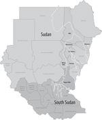 Thumbnail of Sudan and South Sudan. States with confirmed Rift Valley fever cases are in boldface. Light gray indicates Sudan; dark gray indicates South Sudan. The Nile, White Nile, and Blue Nile Rivers are depicted in white, and other bodies of water were removed for clarity.