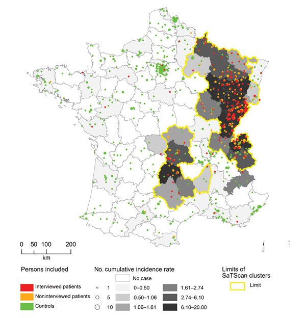 Location of patients, controls, and areas in France where persons are at risk for alveolar echinococcosis. The main area for human risk is located in eastern France and includes the départements (second largest administrative areas in France) where persons are at risk for alveolar echinococcosis of clusters 1, 2, and 4 as defined by SatScan analysis (Kulldorf, Cambridge, UK). Clusters 3 and 5 are located in the mountains of Massif Central and constitute the second area where persons are at risk.