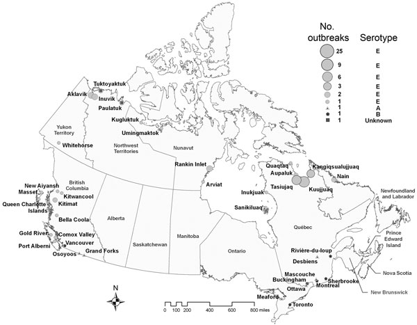 Distribution of outbreaks of foodborne botulism by serotype, Canada, 1985–2005. Circles represent type E outbreaks, triangles type A outbreaks, pentagons type B outbreaks, and squares outbreaks of unknown serotype. Circle sizes are proportionate to the number of outbreaks occurring in a given location.