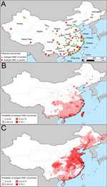 Thumbnail of Influenza empirical data and occurrence maps for influenza virus subtypes H3N2 and H5N1. A) Observed cases of subtypes H3N2 and H5N1 in People’s Republic of China, according to outbreaks reported to the Chinese Ministry of Agriculture. B) Spatial model of the probability of subtype H3N2 at the prefecture scale predicted by using logistic regression. C) Risk for subtype H5N1 according to the outbreak dataset. See Technical Appendix Figure 2, for the corresponding map for the surveill