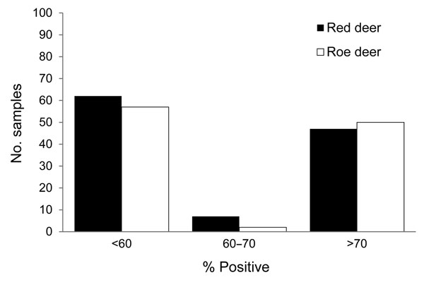 Frequency distribution of the results yielded by indirect ELISA for detecting IgG targeting recombinant nucleoprotein of emerging Schmallenberg virus in serum samples collected from 116 red deer and 109 roe deer in southeast Belgium during the fall of 2011. Results are expressed as percentages of the reference signal yielded by the positive control serum. Serologic status is defined as negative (&lt;60%), doubtful (60%–70%), or positive (&gt;70%). 