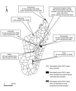 Thumbnail of Collection sites of wild terrestrial small mammals on Madagascar and the number of mammals tested for Rift Valle fever virus (RVFV). At certain localities, the genus and species of sampled rats were Rattus rattus or R. norvegicus. 