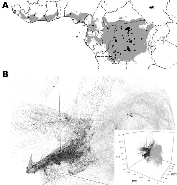 A) Predicted geographic distribution in central and western Africa of suitable environments for monkeypox virus transmission on the basis of the Maxent algorithm (www.cs.princeton.edu/~schapire/maxent/). Gray shading represents suitable environmental conditions identified by the algorithm; circles indicate localities of monkeypox human cases used to build the ecological niche models. Stars indicate localities reported during the human monkeypox outbreak in southern Sudan in 2005. B) Scatterplot 