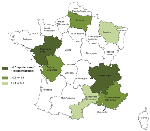 Number of reported cases of Tropheryma whipplei endocarditis per 1 million inhabitants in each area of France over 10 years. Data from this series and the literature (22–24) were included. Among the metropolitan areas in France, the incidence of T. whipplei endocarditis is significantly more frequent in the Rhône-Alpes area than in 11 others areas (Alsace, Aquitaine, Basse-Normandie, Bourgogne, Centre, Champagne-Ardenne, Haute-Normandie, Ile de France, Languedoc-Roussillon, Midi-Pyrénées, and No