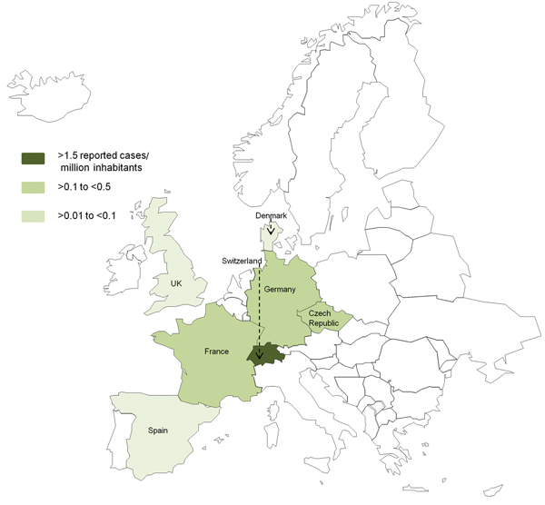 Number of reported cases of Tropheryma whipplei endocarditis per 1 million inhabitants in each country of Europe (www.statistiques-mondiales.com/union_europeenne.htm).