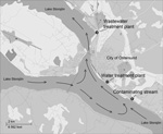 Thumbnail of Map of Lake Storsjön, showing water currents (arrows) and locations of wastewater treatment plant, water treatment plant, and contaminating stream after Cryptosporidium infection outbreak, Östersund, Sweden, 2010–2011.