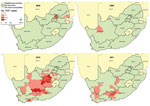 Thumbnail of The spatial frequency distribution of human laboratory-confirmed Rift Valley fever cases by administrative local municipality by year, South Africa (SA), 2008–2011 (N = 302).