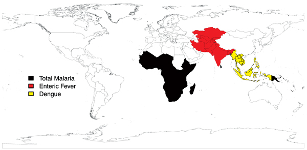 Regional results for malaria, enteric fever, and dengue. For malaria, the top region for acquisition was sub-Saharan Africa (77%), and the region with the top average proportionate morbidity (248/1,000 ill travelers) and the greatest trend (–39/1,000, p = 0.01) Oceania. For enteric fever, the top region for acquisition was south-central Asia (67%); regional trends were not assessed. For dengue, the top region for acquisition (50%) and the highest average proportionate morbidity and trend (+70.5/