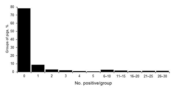 Frequency distribution of number of nasal swab samples positive for influenza virus by real-time reverse transcription PCR, per group (total 540 groups of pigs), midwestern United States, June 2009–December 2011.