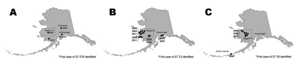 Geographic distribution of invasive Haemophilus influenzae type a disease in Alaska, by sequence type (ST). A) ST 576; B) ST 23; C) ST 56. 