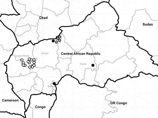 Clusters of polio cases caused by wild poliovirus importations, Central African Republic, 2008–2011. Each circle represents 1 case of acute flaccid paralysis confirmed as polio. Black circles, cluster B2D1B, 2008 poliovirus (PV) type 1 SOAS importation from Democratic Republic of Congo (DR Congo); white circles, cluster D2B2B1, 2009 PV3 WEAF-B importation from Nigeria and southern Chad; gray circles, cluster I6C2B4C1A2, 2011 PV1 WEAF-B importation from southern Chad.
