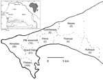 Thumbnail of Geographic distribution of patients with confirmed dengue in the region of Dakar, Senegal. Number of patients is shown in parentheses. Inset shows location of Dakar in Senegal and in Africa.