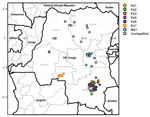 Thumbnail of Geographic distribution of vaccine-derived polivirus type 2 from patients from the Democratic Republic of Congo (DR Congo). Viruses are represented by circles colored by lineage. Viruses that are not assigned to a lineage are categorized as unclassified.