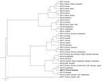 Thumbnail of Phylogenetic diversity of 34 genotypes of Coxiella burnetii identified by using multispacer sequence typing (MST). Clone from French Guiana isolated in this study is indicated in boldface. Scale bar indicates nucleotide substitutions per site.