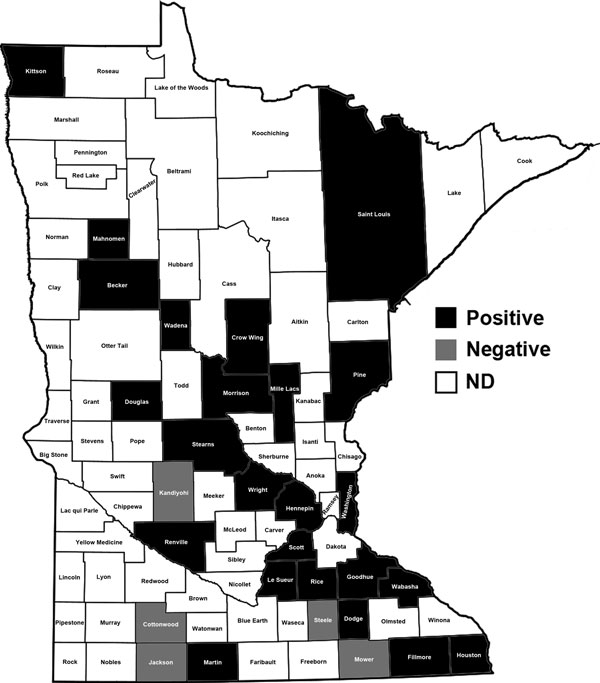 State of Minnesota showing counties. Domestic and captive farmed animals positive for antibodies against severe fever with thrombocytopenia syndrome virus nucleoprotein were found in 24 (black) of 29 counties, 2012. 