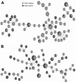 Thumbnail of Minimum-spanning trees showing carriage of extended-spectrum β-lactamases (ESBL) in Escherichia coli isolates from urine samples (A) and samples from patients with bacteremia (B). Each circle represents 1 sequence type (ST), and the size of the circle reflects the number of isolates belonging to this particular ST within the bacteria group. Lines between the circles represent how different their allelic profiles are; a line labeled 1 means the linked STs differ in &gt;1 of the 7 all