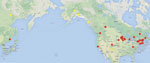 Thumbnail of Worldwide distribution of previously confirmed Powassan virus activity. Dots indicate approximate locations of known Powassan virus circulation as shown by human illness, virus isolation from animals, and Powassan virus–specific antibodies in humans or animals. Stars indicate approximate locations of antibody-positive animals, reported herein, collected during 2004–2007 and from whom samples were tested by using a strip immunoblot assay.