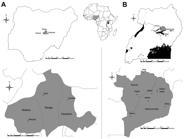 Location of areas studied for Rickettsia africae in Amblyomma variegatum ticks in Nigeria (A) and Uganda (B), 2010.