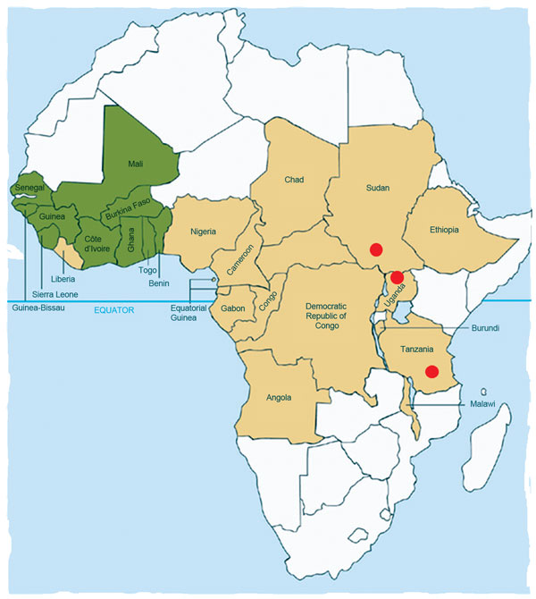 Countries in the former Onchocerciasis Control Programme in western Africa in which onchocerciasis was eliminated as a public health problem through vector control (green); countries in the African Programme for Onchocerciasis Control in which onchocerciasis control is ongoing through annual mass treatment with ivermectin (beige); and areas in Southern Sudan, northern Uganda, and southern Tanzania in which nodding syndrome has been reported (red circles).