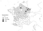 Thumbnail of Sites where serum samples were obtained from red deer (9 departments), showing average seroprevalence for Schmallenberg virus, France, 2010–2012. Dark gray shading indicates Meurthe-et-Moselle department, where the first domestic case was found; light gray shading indicates departments where clinical cases were found during January–March 2012; and white indicates departments where no clinical cases occurred during January–March 2012.
