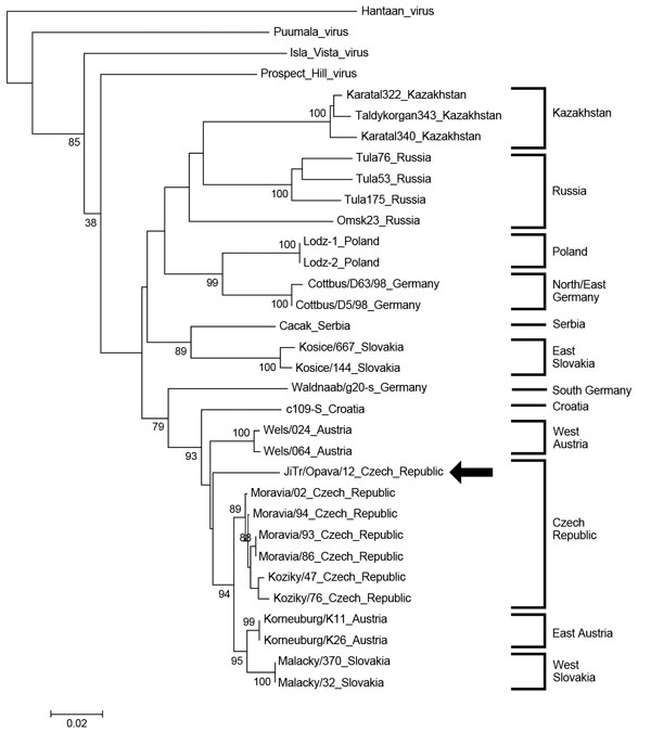 Phylogenetic tree (neighbor-joining analysis with maximum composite likelihood method) of Tula virus on the basis of small segment partial sequences (nt 428–758), Ostrava, Czech Republic, October 2012 GenBank accession numbers: Haantaan virus (NC_005218), Puumala virus (NC_005224), Prospect Hill virus (Z49098), Isla Vista virus (U19302), Karatal322 (AM945877), Taldykorgan343 (AM945879), Karatal340 (AM945878), Omsk23 (AF442621), Tula76 (Z30941), Tula53 (Z30942), Tula175 (Z30943), Lodz-1 (AF063892