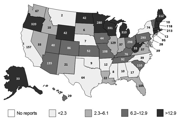 Total number and annual rate of reported acute gastroenteritis outbreaks per 1 million population by reporting state, National Outbreak Reporting System, United States, 2009–2010. The number given in each state indicates the total number of outbreaks over the 2-year study period; the shading denoted by the legend indicates the reporting rate by quartiles. Multistate outbreaks (n = 48) and those reported by Puerto Rico (n = 15) and the District of Columbia (n = 24) are not shown.