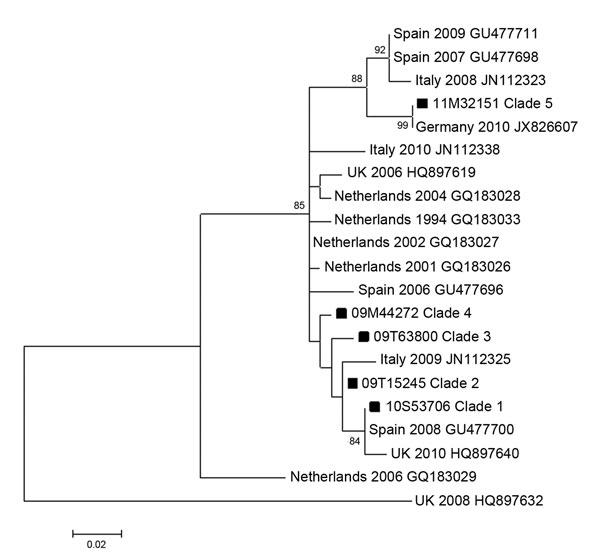 Phylogenetic analysis of strains of human parechovirus type 3 from Europe compared with a representative strain of each of the 5 clades found in Denmark (squares). Maximum-likelihood analysis with bootstrap values &gt;70% are shown. Scale bar indicates nucleotide substitutions per site.