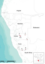 Thumbnail of Location of farms in Namibia with Rift Valley fever virus infection, 2010. Red circles and numbers indicate outbreaks from which virus circulation was determined.