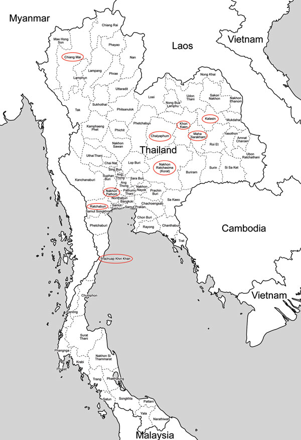 Provinces of Thailand in which Q fever surveillance was conducted, 2012. Red ovals indicate sources of normal ruminant placentas. Two human deaths caused by endocarditis diagnosed as attributable to Coxiella burnetii infection have recently been reported in Khon Kaen Province.