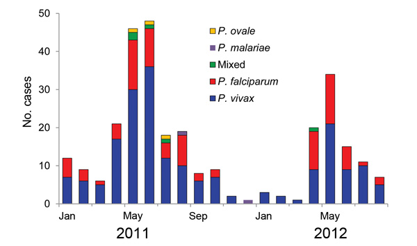 Number of confirmed malaria cases caused by various Plasmodium spp. protozoa in 4 counties of Yunnan Province, China, along the China–Myanmar border, January 2011–August 2012. Mixed, P. vivax/P. falciparum infection.