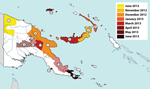Thumbnail of Chikungunya epidemic in Papua New Guinea, 2012–2013. Colors denote the time for reports or rumors of emerging clinical disease. When such information was lacking, the date of laboratory confirmation of chikungunya virus infection determined the color coding. Solid colors indicate that cases were laboratory confirmed; striped colors indicate lack of laboratory confirmation.