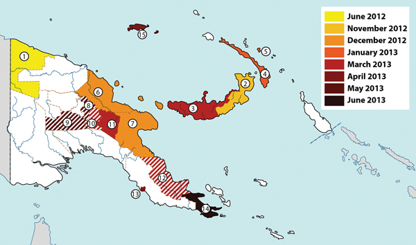 Chikungunya epidemic in Papua New Guinea, 2012–2013. Colors denote the time for reports or rumors of emerging clinical disease. When such information was lacking, the date of laboratory confirmation of chikungunya virus infection determined the color coding. Solid colors indicate that cases were laboratory confirmed; striped colors indicate lack of laboratory confirmation.