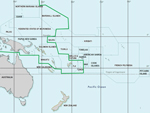 Thumbnail of Distribution of chikungunya vectors Aedes albopictus and Ae. aegypti mosquitos in the Pacific, 2013. Green outline indicates areas where Ae. albopictus mosquitos are confirmed or strongly suspected. Ae. aegypti mosquitos are found in most locations except New Zealand, Hawaii, Futuna, and some remote islands. Dotted lines indicate member countries of Pacific Public Health Surveillance Network.