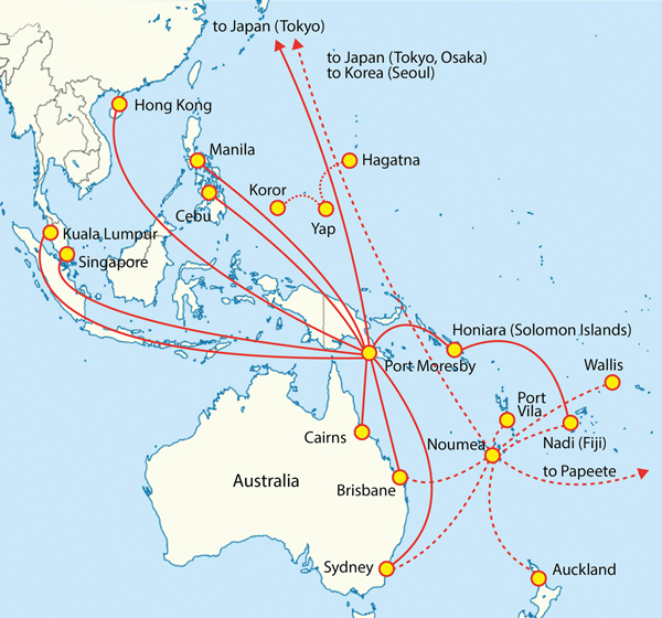 Direct airline routes to Pacific region destinations from Papua New Guinea (Port Moresby), New Caledonia (Noumea), and Yap State, Federated States of Micronesia.