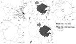 Thumbnail of Geographic and temporal distribution of human cases of infection with avian influenza subtypes H7N9 (circles) and H5N1 (triangles), China. A) Distribution and space-time clusters of human influenza (H7N9) and influenza (H5N1) cases, calculated by using Kulldorff’s scan statistics in SaTScan version 9.1.1 (6). B) Spatial overlap between influenza (H7N9) and influenza (H5N1) case clusters in an area bordering the provinces of Anhui and Zhejiang. C) Primary cluster of influenza (H5N1) 