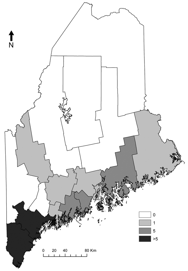Human babesiosis cases reported by county, Maine, 2001–2011.