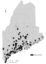 Thumbnail of Distribution of towns sampled for questing adult Ixodes scapularis ticks, Maine, 1995–2011.