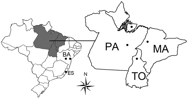 States in Brazil where serum samples were collected for study of mimivirus in mammals. Dots indicate collection sites. ES, Espírito Santos; BA, Bahia; PA, Pará; TO, Tocantins; MA, Maranhão.