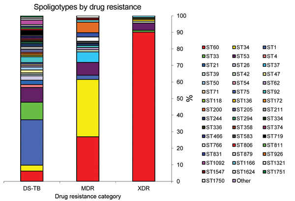 Distribution of spoligotype patterns among drug-susceptible, multidrug-resistant tuberculosis and extensively drug-resistant cases in Tugela Ferry, KwaZulu-Natal Province, South Africa, 2005–2006. *does not include 11 isolates with unknown drug-susceptibility test results.