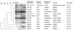 Thumbnail of Pulsed-field gel electrophoresis pattern–based cluster analysis of 27 N. meningitidis serogroup W135 isolates from China: 17 isolates were collected from persons in Hefei City, Anhui Province, and 10 were collected from persons from other provinces in China. Clustering was performed by using the Dice coefficient and an optimization setting of 1.2%. The dendrogram was generated by using the unweighted pair group method with averages. All isolates belong to the multilocus sequence typ