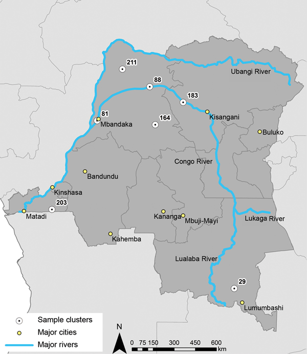 Location of the major cities, rivers, and the 7 Demographic Health Survey clusters (203, 81, 88, 183, 211, 164, and 29) within the Democratic Republic of the Congo included in the study. 