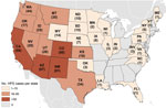Thumbnail of Hantavirus pulmonary syndrome (HPS) cases by state of exposure, United States, 1993–2013. A total of 624 cases occurred in 34 states; the state of exposure was unknown for another 28 cases. The cumulative case count for each state was current as of July 9, 2013. 